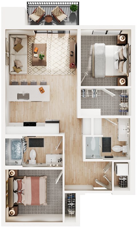 Floor plan for 2 beds, 2 baths, 840 sqft